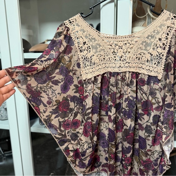 Eyelash Couture Brown Colorful Floral Patterned Lace Women's Top Size Large - Picture 3 of 5